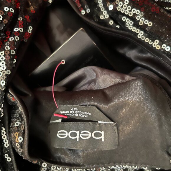 BNWT BEBE Gunmetal Sequined Halter Deep V-Neck Petticoat (S) - Picture 3 of 9